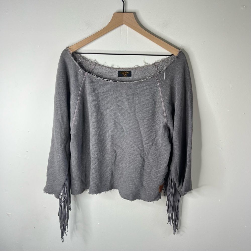 Hollywood Trading Company Gray Fringe Raw Hem Sweatshirt Large - Picture 4 of 12